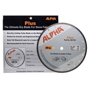 Alpha 10 inch Plus diamond blade for stone fabrication with packaging on a white background
