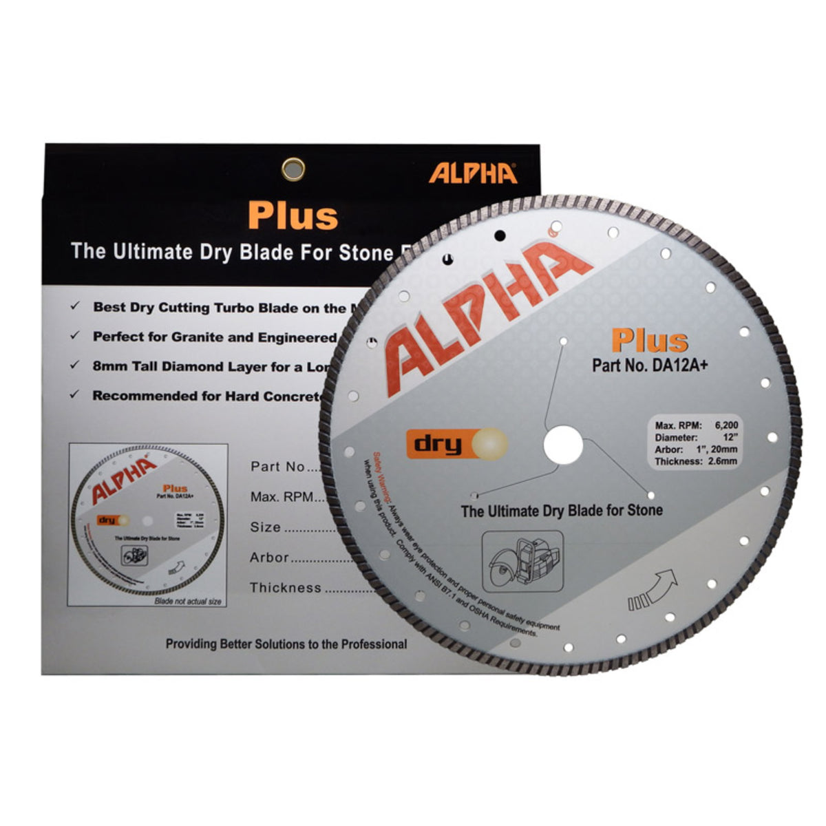 Alpha 12 inch Plus diamond blade for stone fabrication with packaging on a white background