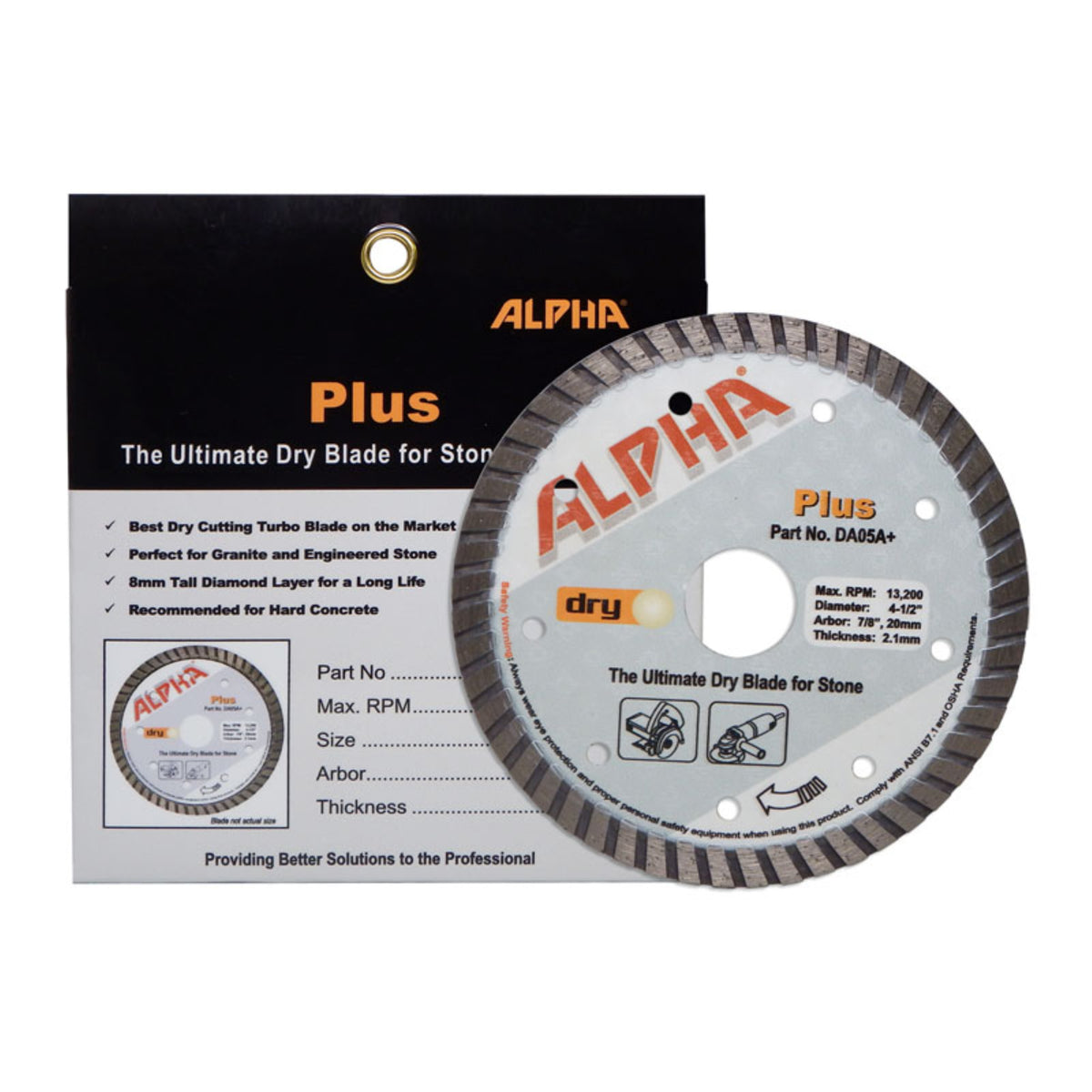 Alpha 4 1/2 inch Plus diamond blade for stone fabrication with packaging on a white background