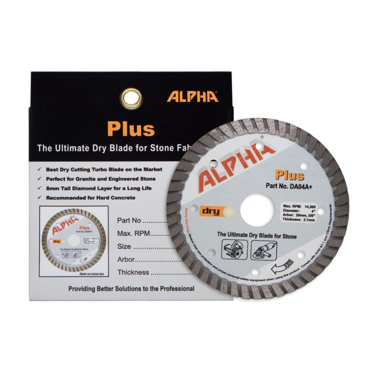Alpha 4 inch Plus diamond blade for stone fabrication with packaging on a white background