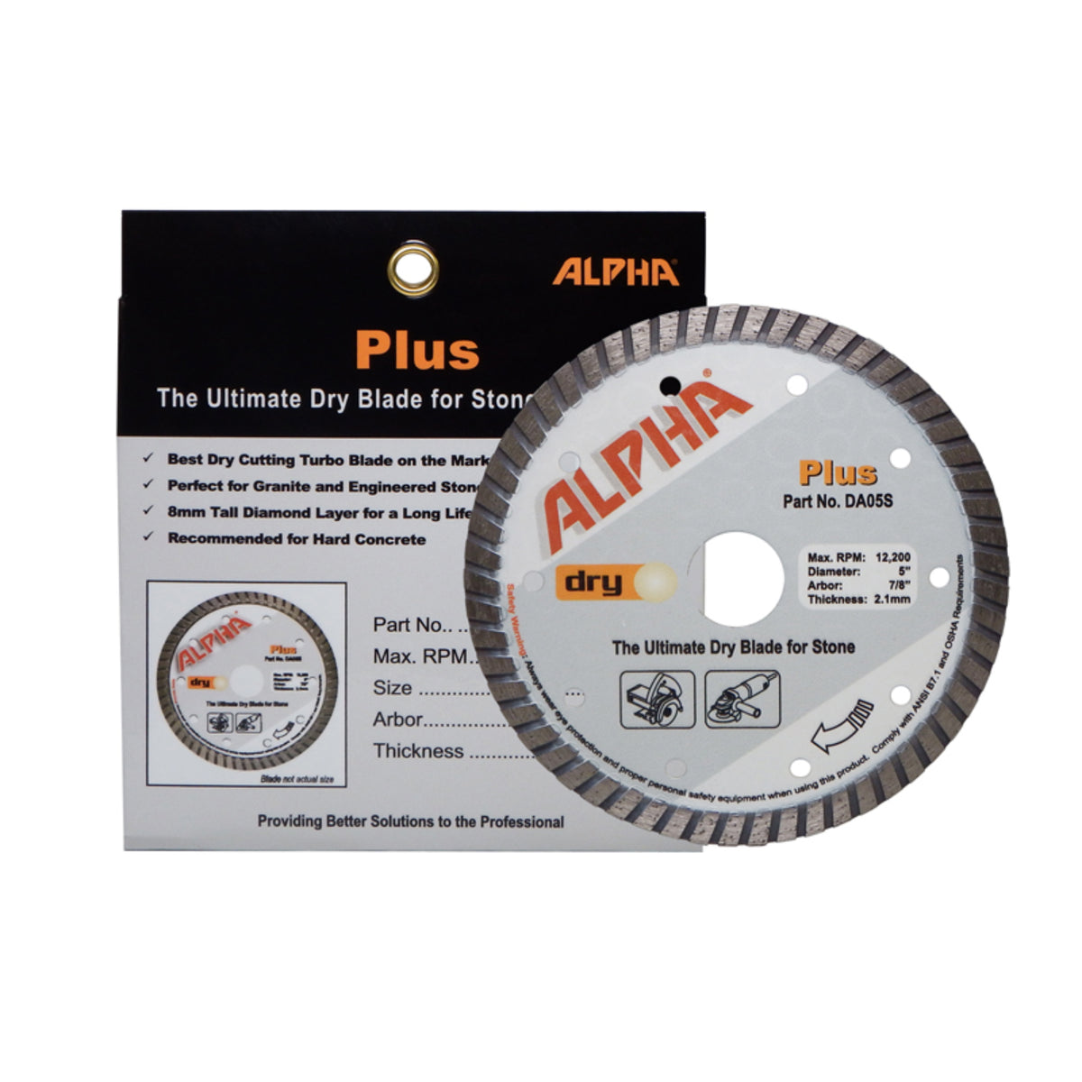 Alpha 5 inch Plus diamond blade for stone fabrication with packaging on a white background