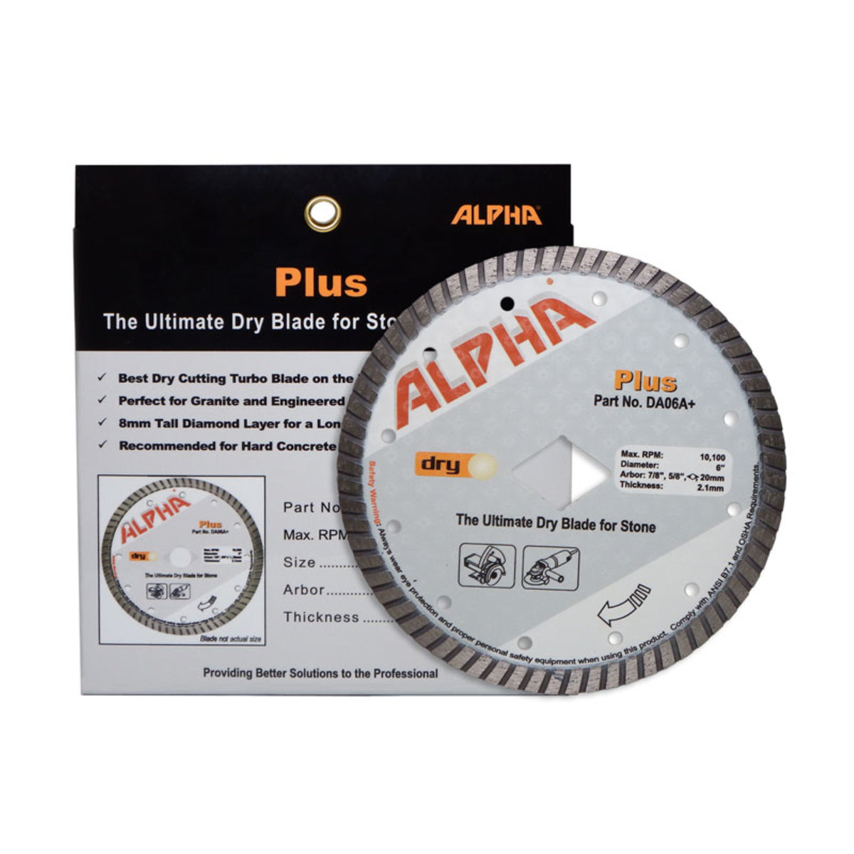 Alpha 6 inch Plus diamond blade for stone fabrication with packaging on a white background