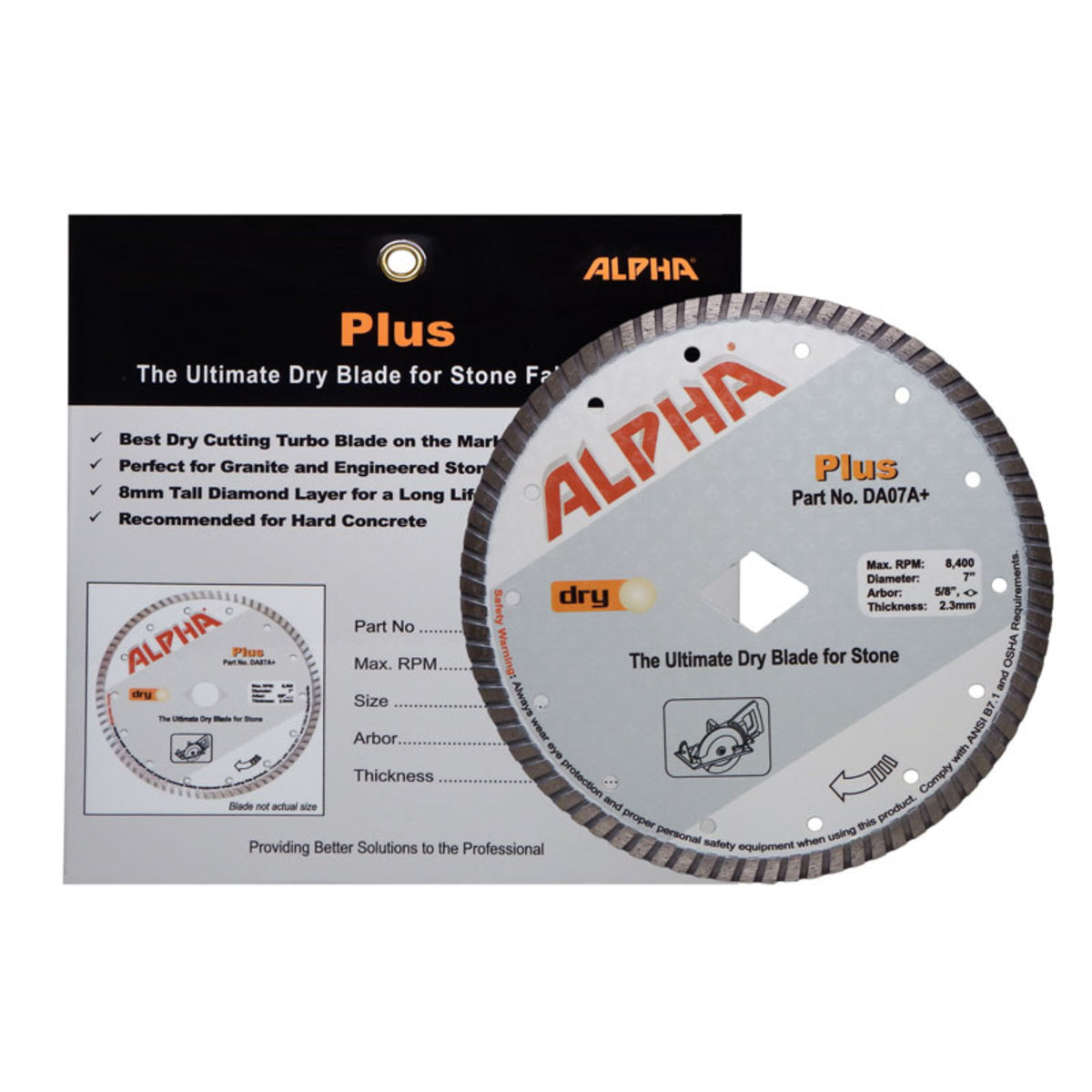 Alpha 7 inch Plus diamond blade for stone fabrication with packaging on a white background