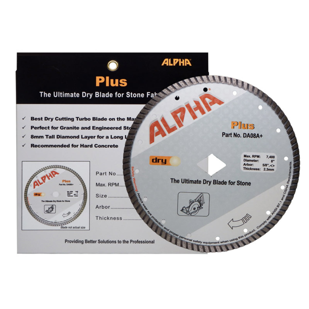 Alpha 8 inch Plus diamond blade for stone fabrication with packaging on a white background