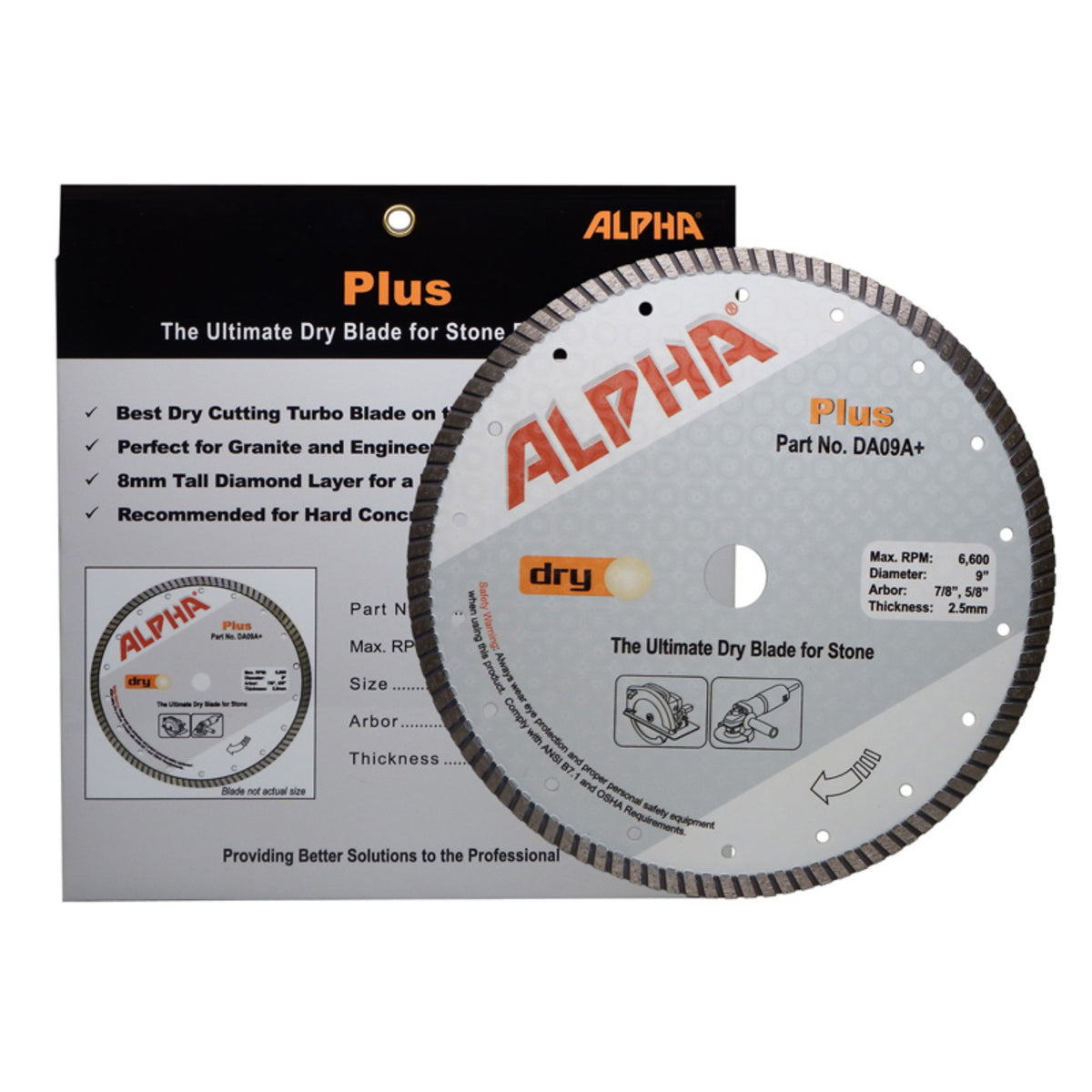 Alpha 9 inch Plus diamond blade for stone fabrication with packaging on a white background