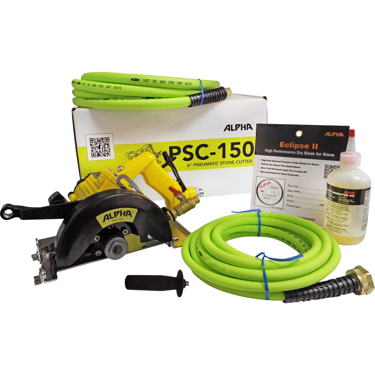 Alpha psc-150 pneumatic stone cutter and accessories on a white background