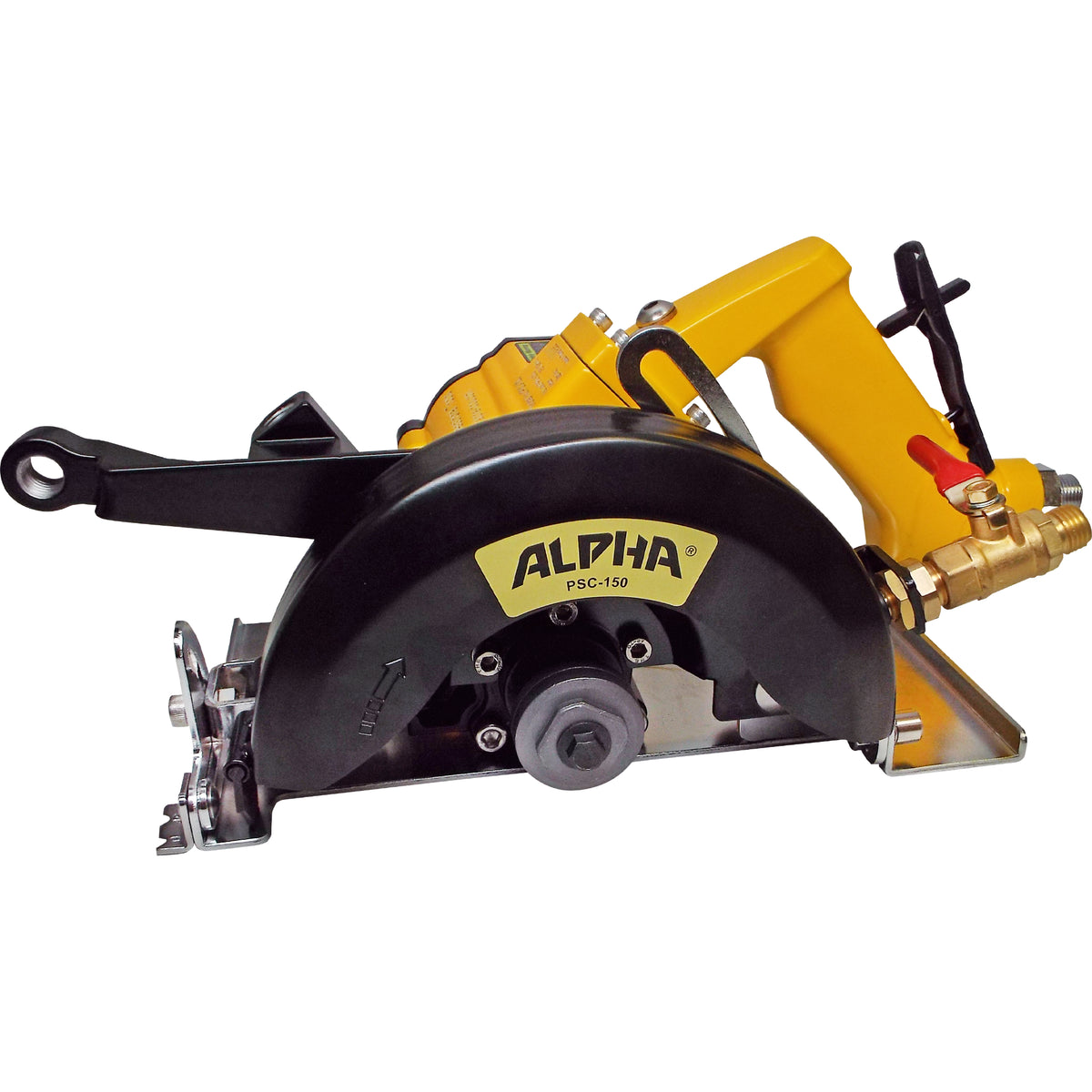 Side view of the alpha psc-150 pneumatic stone cutter on a white background