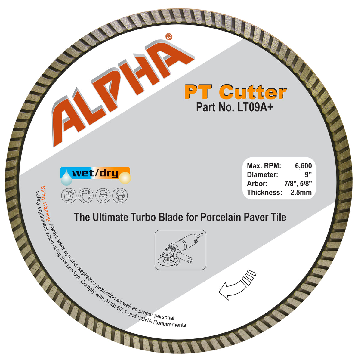 Alpha 9" PT Cutter Diamond Blade for Porcelain Paver Tile on a white background