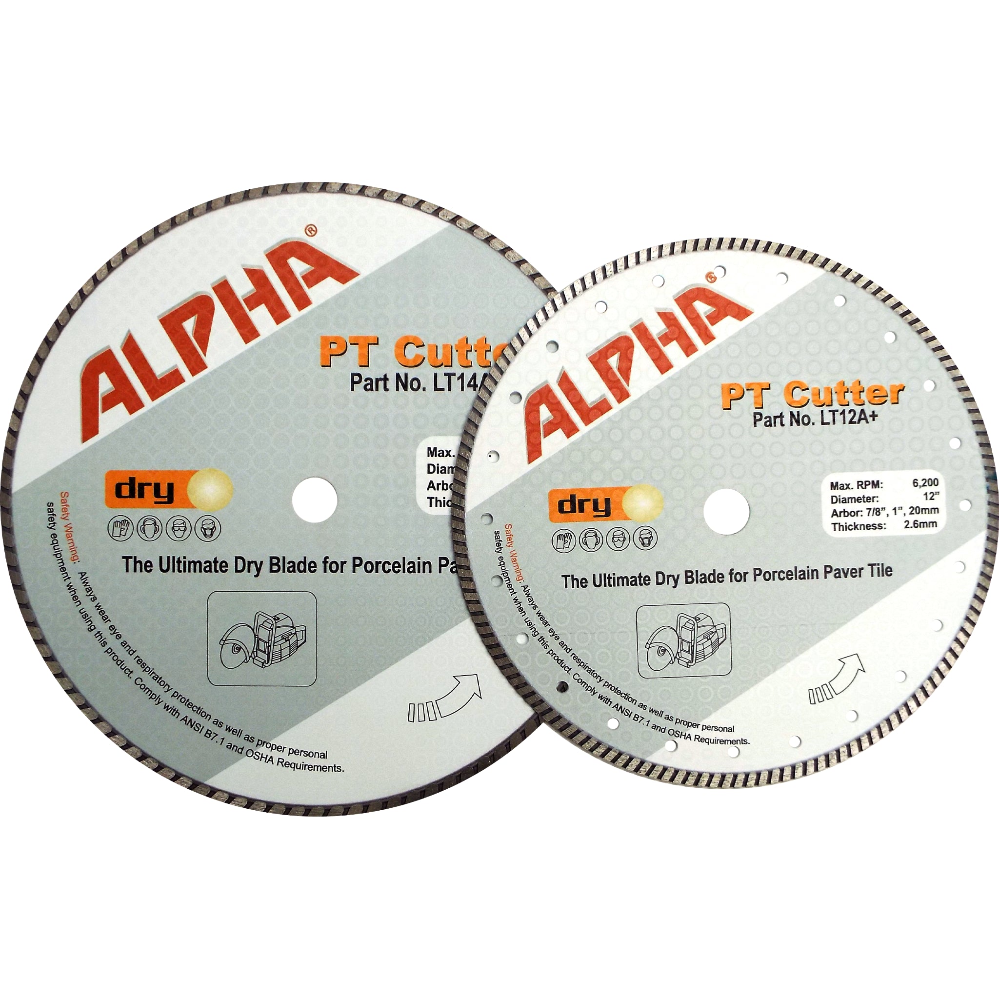 Two Alpha PT Cutter dry blade discs for porcelain paver tile on a white background
