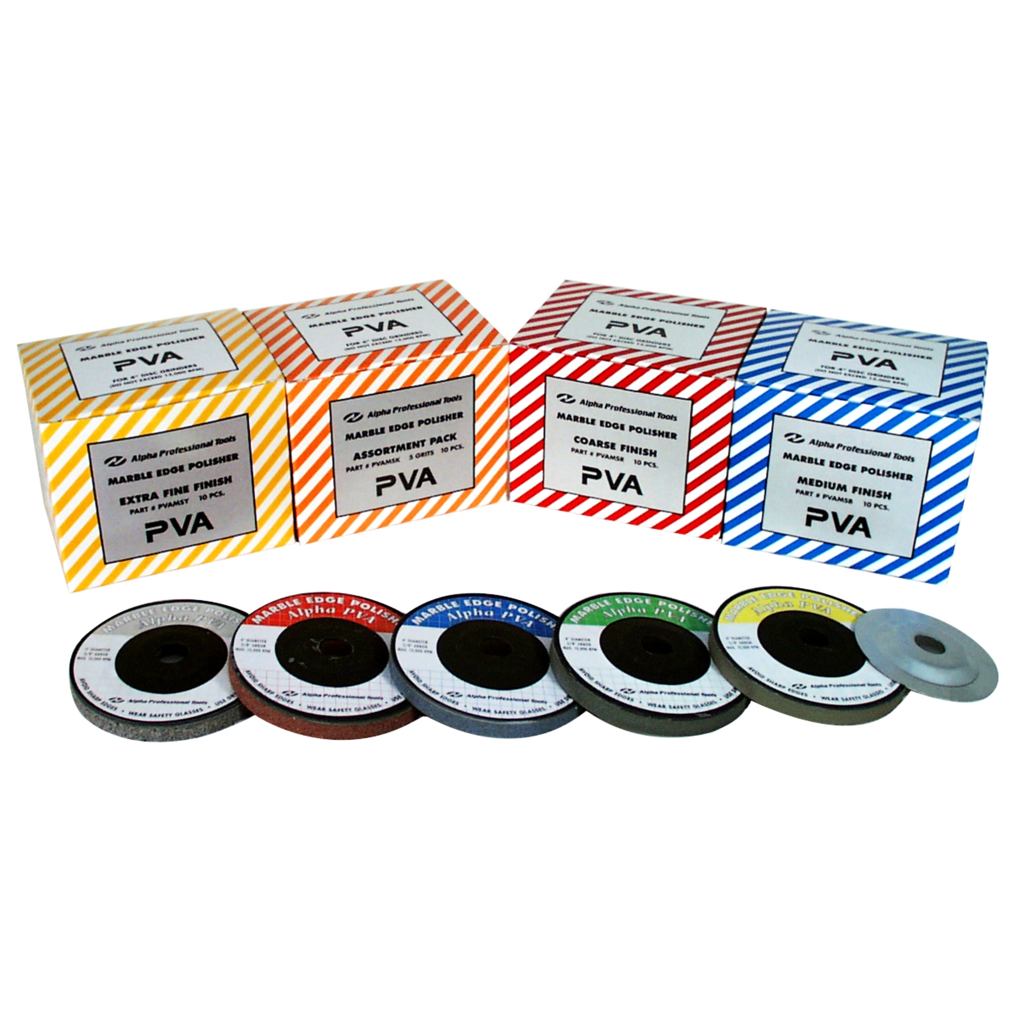 Set of PVA marble polish pads with packaging on a white background
