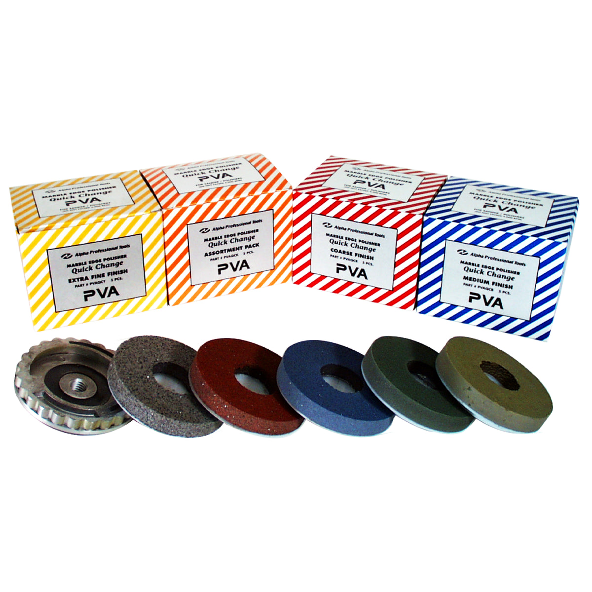 Alpha PVA QC marble edge polisher line up on a white background