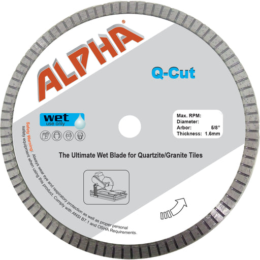 Alpha Q-Cut diamond blade for wet cutting quartzite and granite tiles on a white background