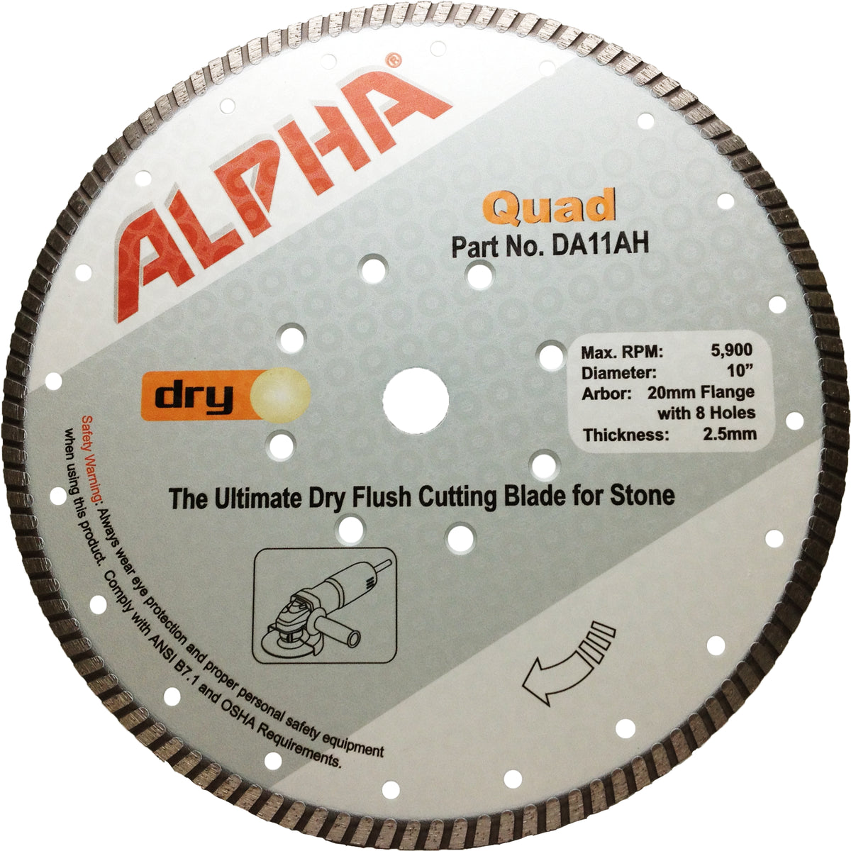 Alpha 10 inch Quad diamond blade for dry flush cutting on a white background