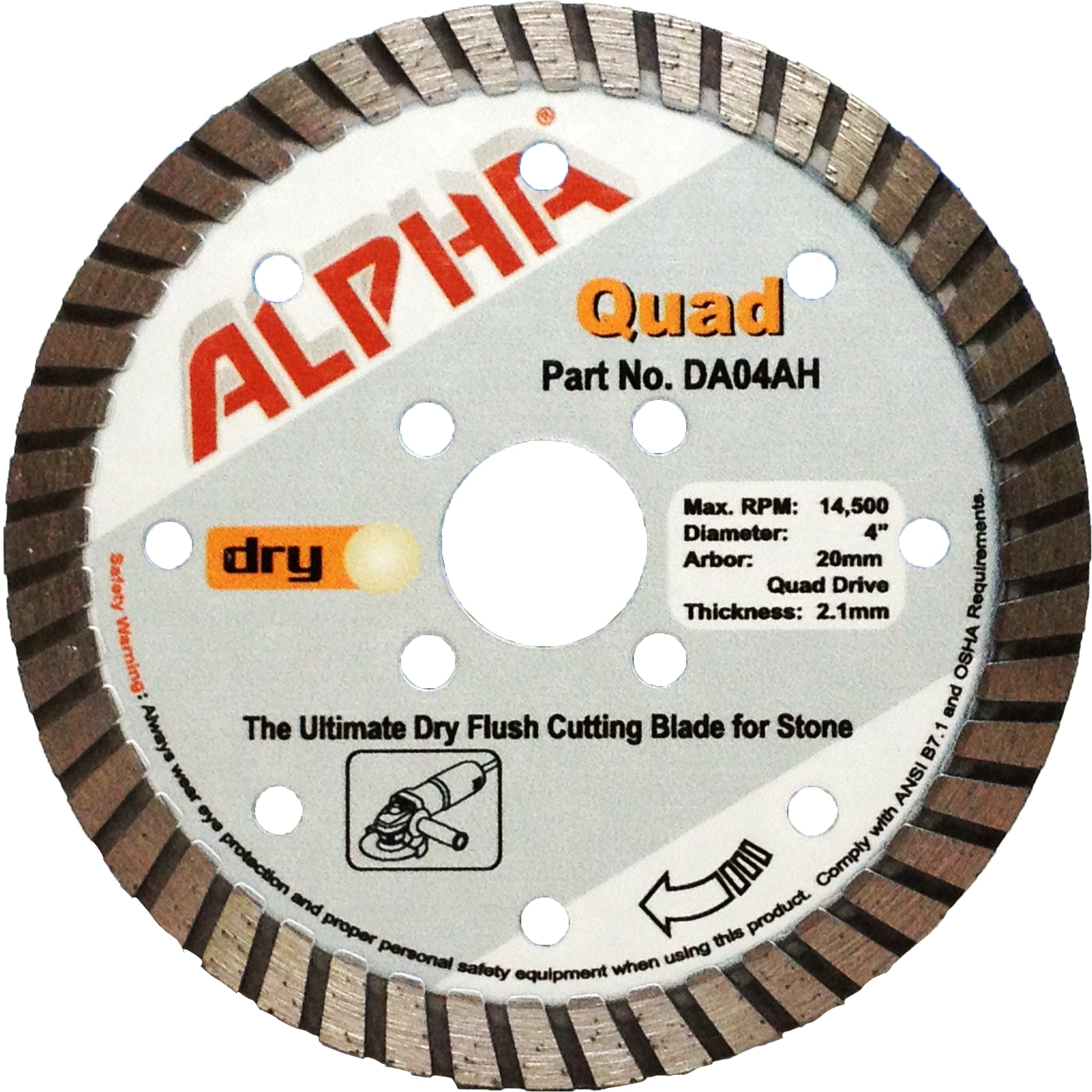 Alpha 4 inch Quad diamond blade for dry flush cutting on a white background