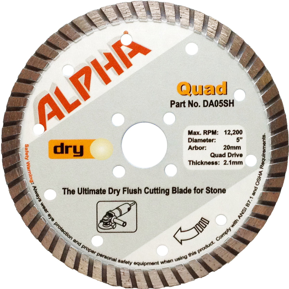 Alpha 5 inch Quad diamond blade for dry flush cutting on a white background