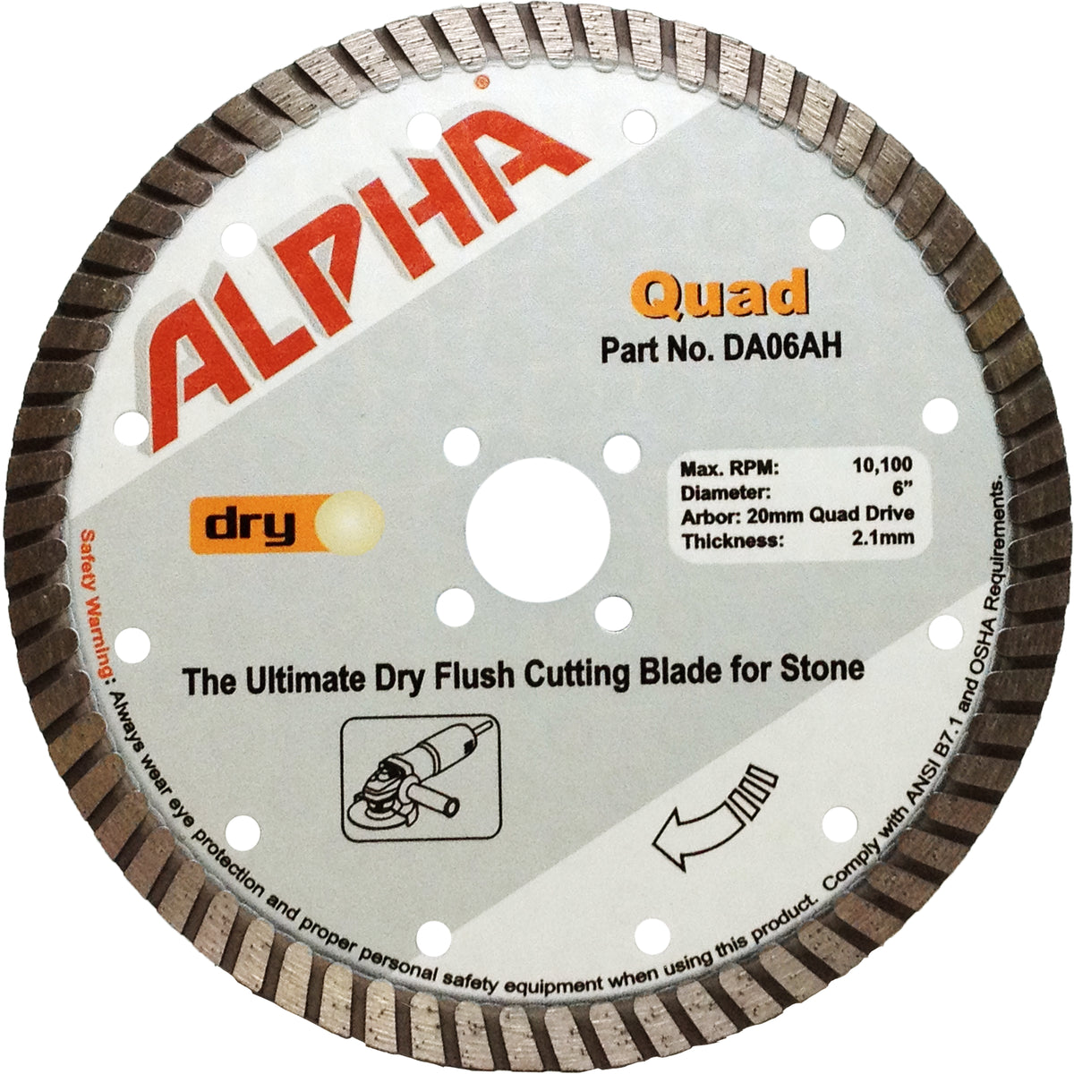 Alpha 6 inch Quad diamond blade for dry flush cutting on a white background