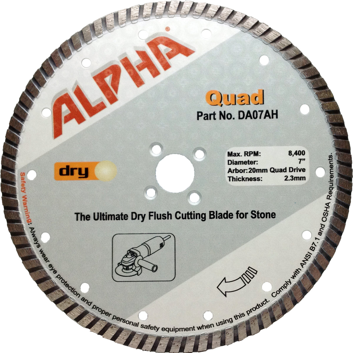 Alpha 7 inch Quad diamond blade for dry flush cutting on a white background