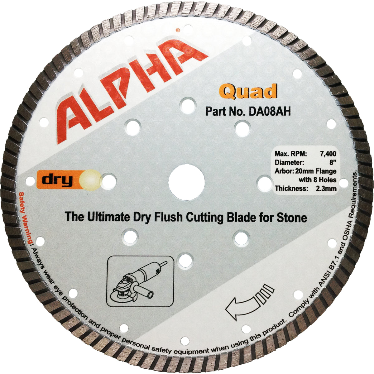 Alpha 8 inch Quad diamond blade for dry flush cutting on a white background