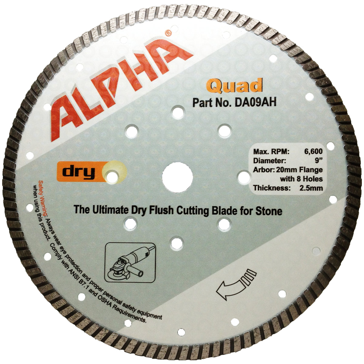 Alpha 9 inch Quad diamond blade for dry flush cutting on a white background