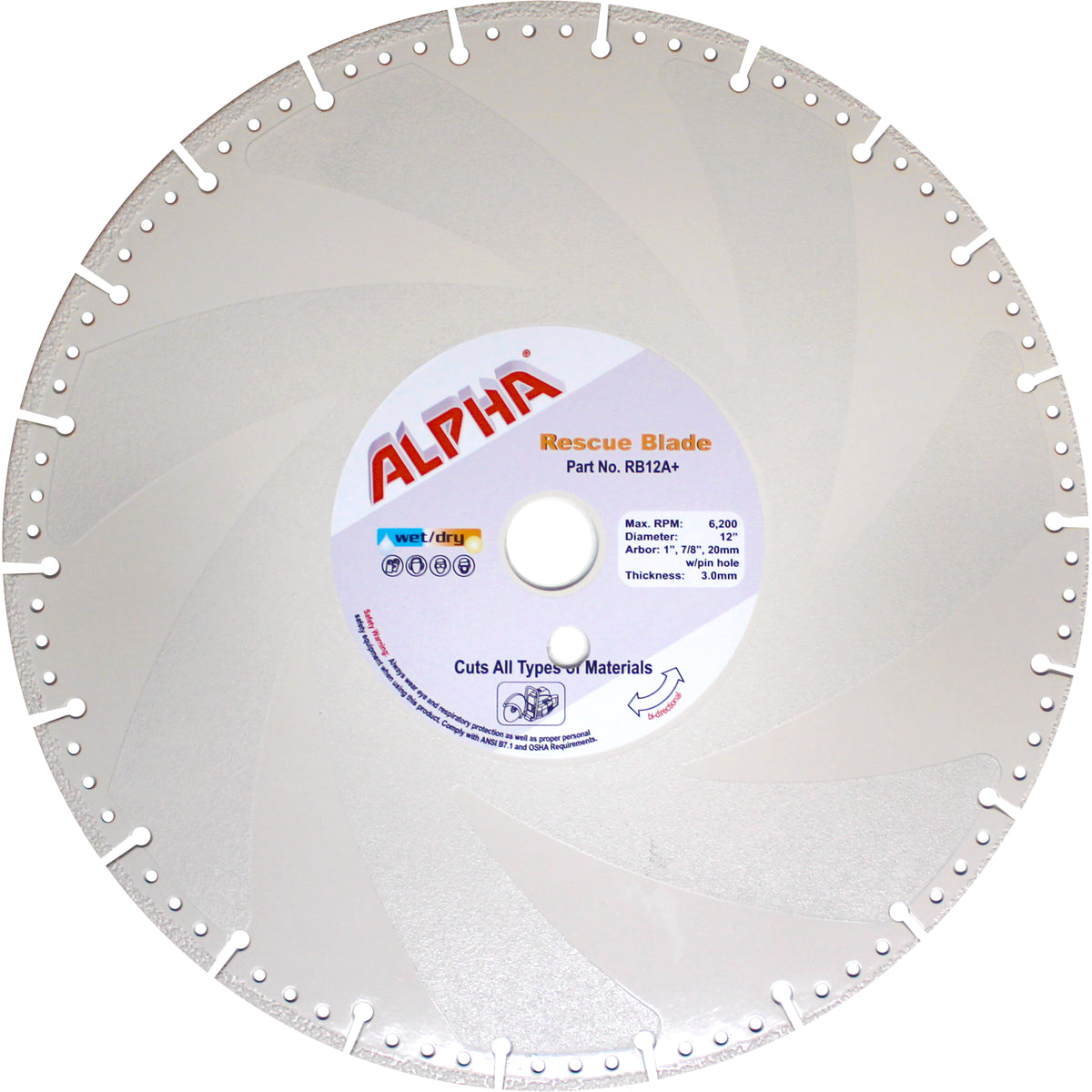 Alpha 12 inch rescue blade with label on a white background
