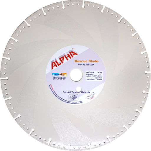 Alpha 12 inch rescue blade with label on a white background