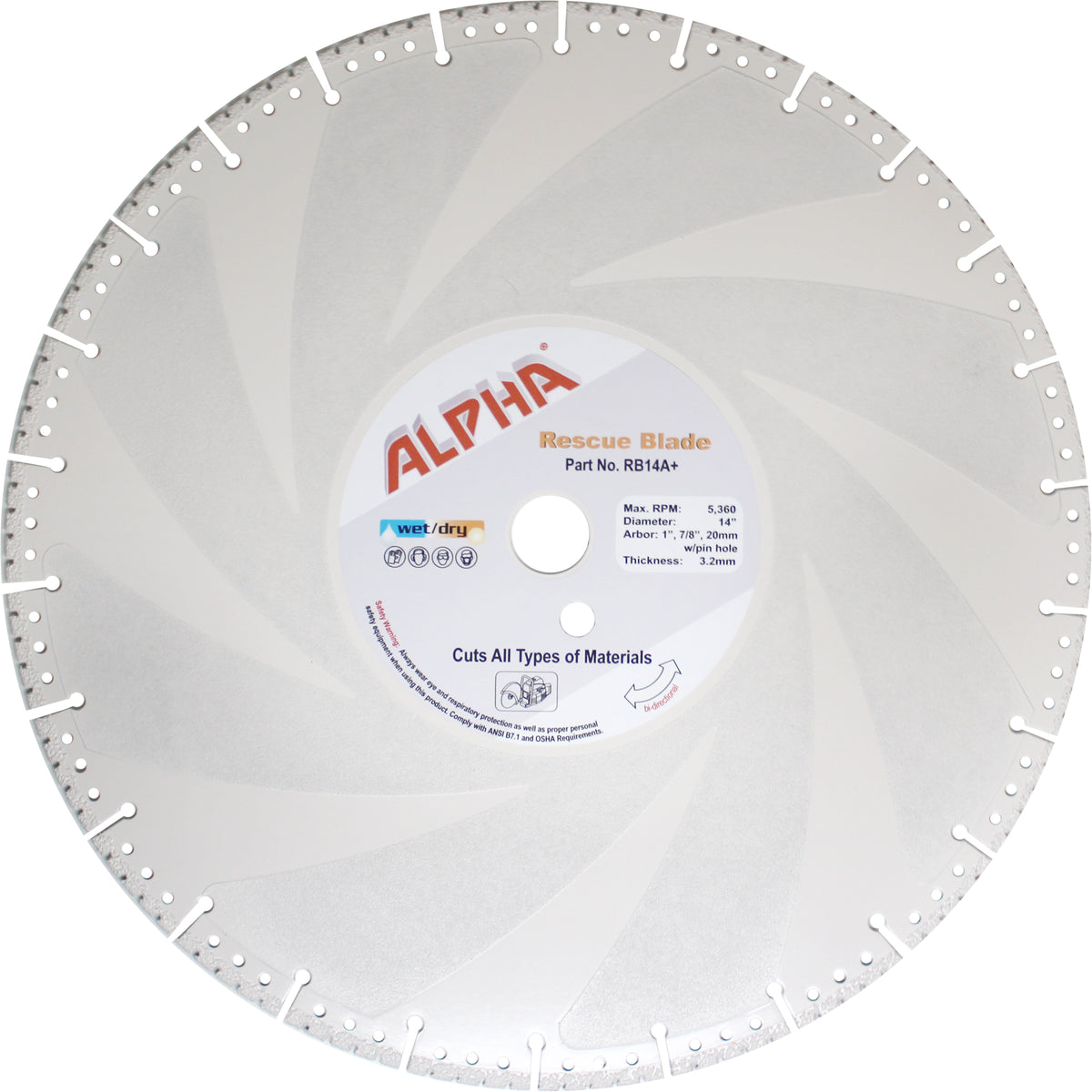 Alpha 14 inch rescue blade with label on a white background
