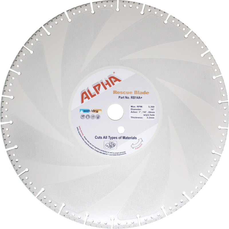 Alpha 14 inch rescue blade with label on a white background