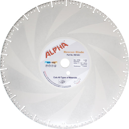 Alpha 14 inch rescue blade with label on a white background