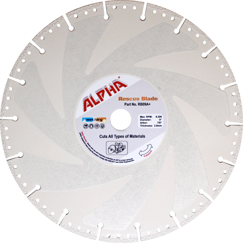 Alpha 9 inch rescue blade with label on a white background