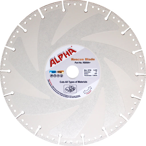 Alpha 9 inch rescue blade with label on a white background