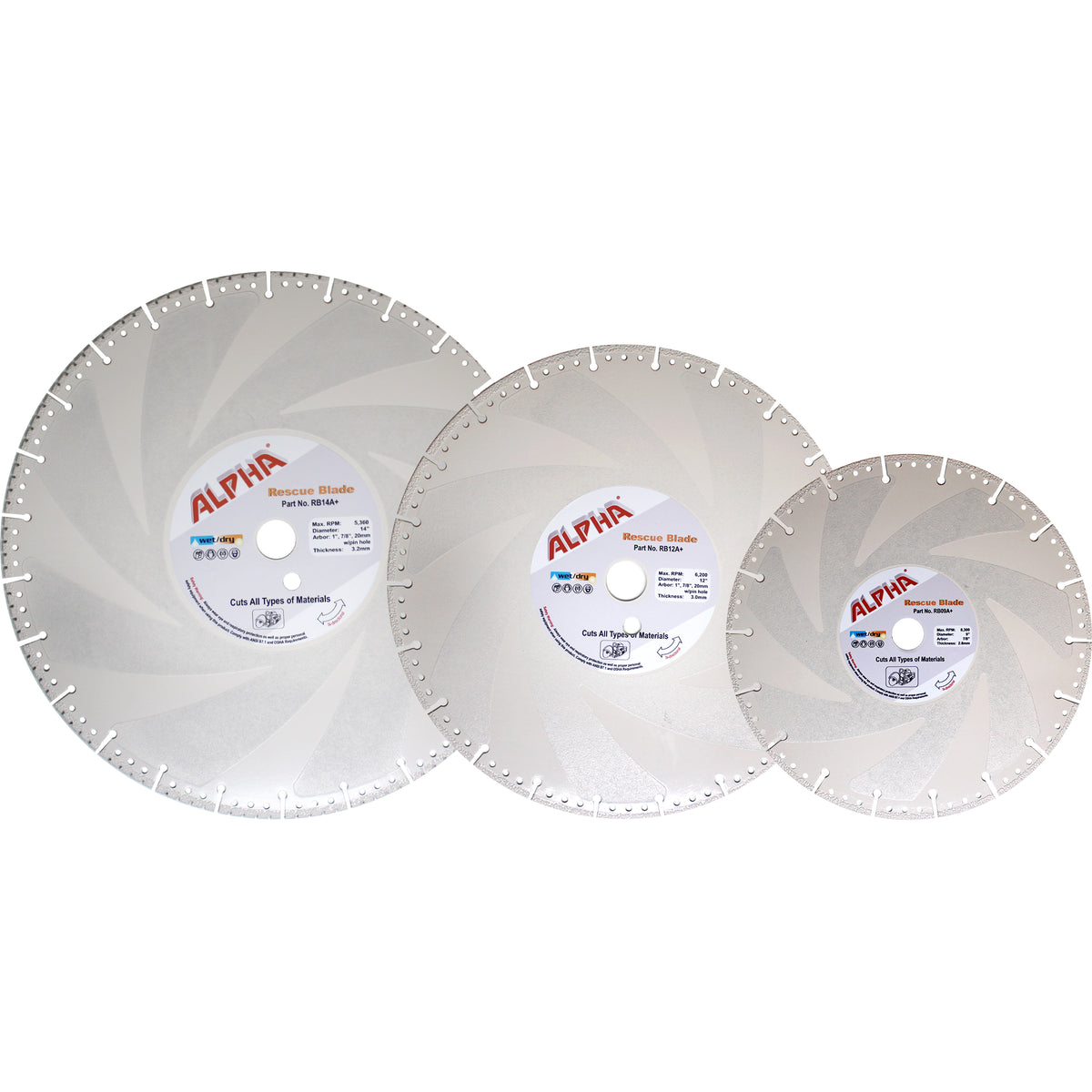 Three Alpha Rescue Blades on a white background