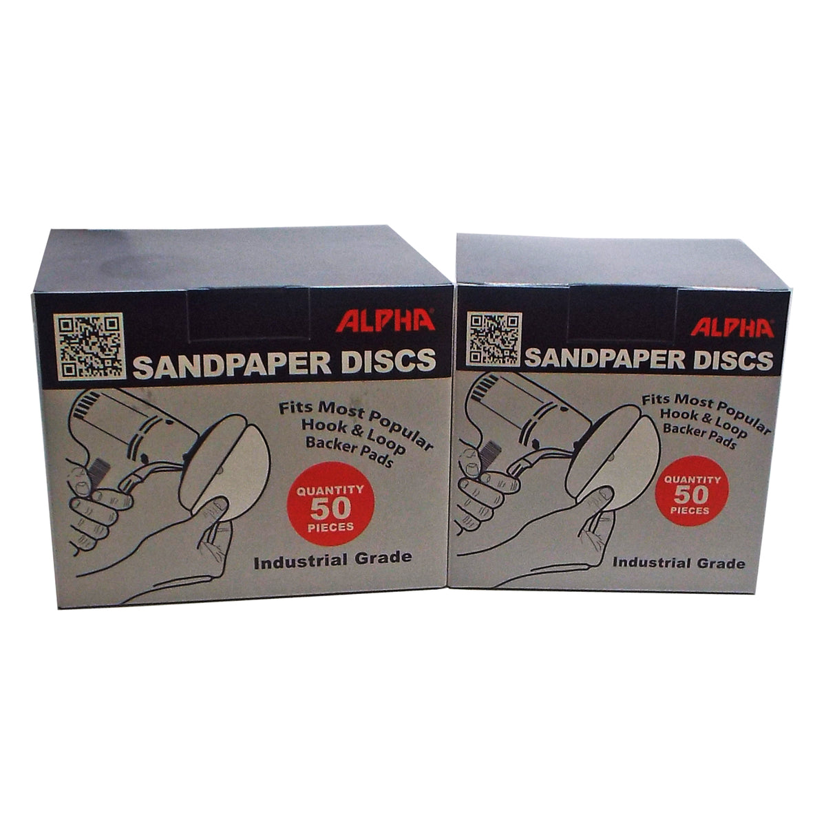 Two boxes of Alpha sandpaper discs with different sizes on a white background