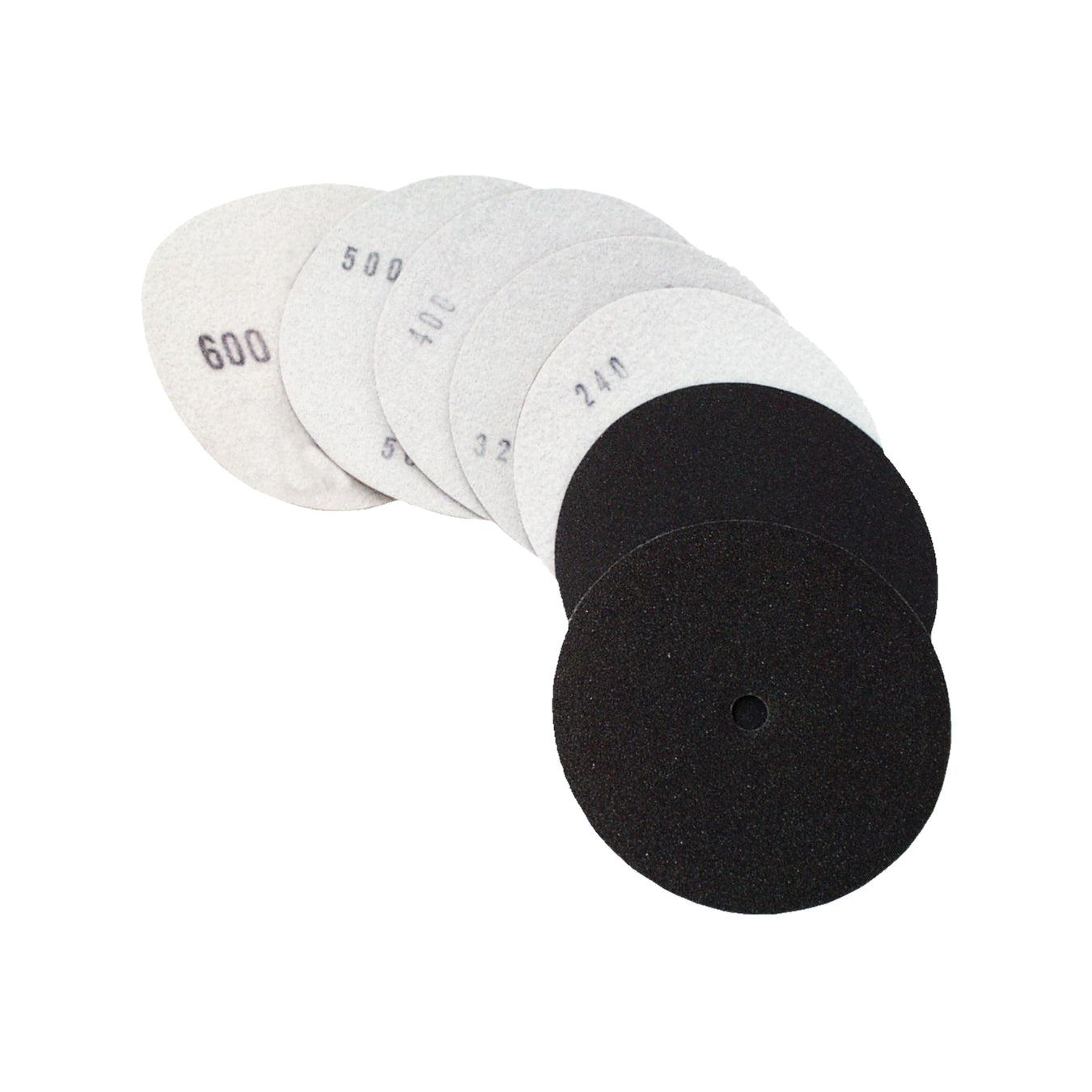 Set of Alpha sandpaper discs with different grits on a white background