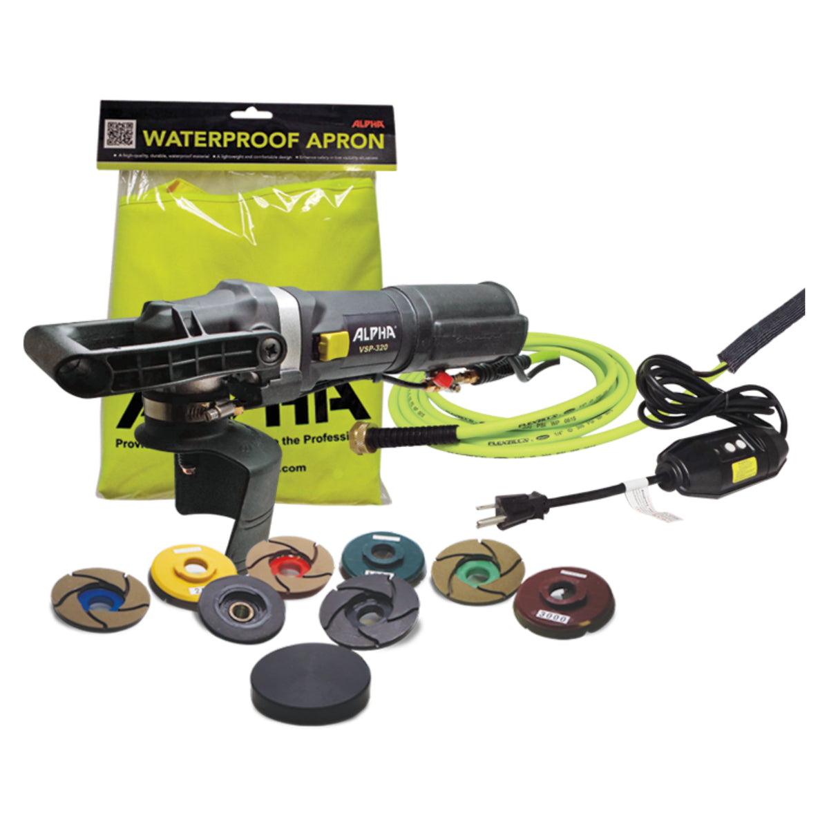 Alpha VSP-320 polisher with attachments and a waterproof apron on a white background