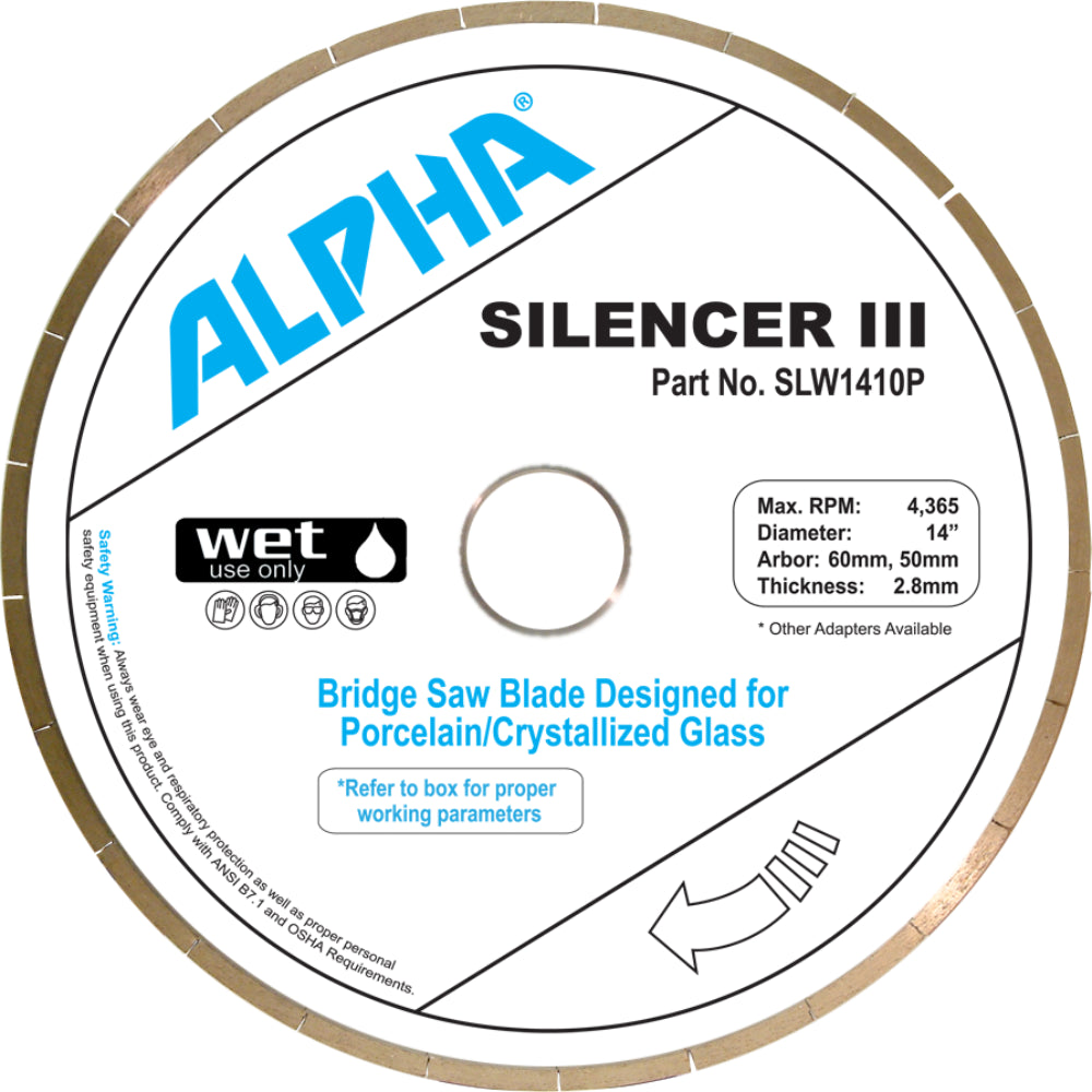 Alpha 14 inch Silencer III bridge saw blade label for porcelain/crystallized glass