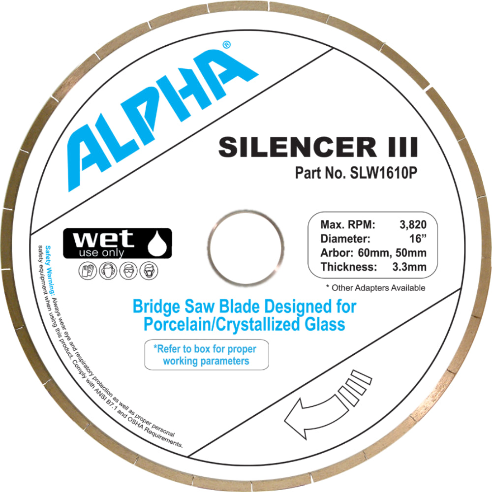 Alpha 16 inch Silencer III bridge saw blade label for porcelain/crystallized glass