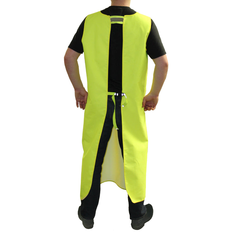 Backside of a person wearing the alpha sleeveless waterproof apron on a white background