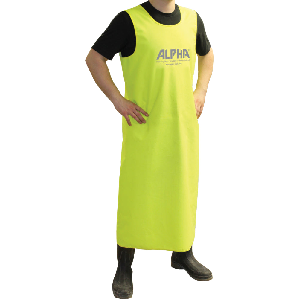 Front side of a person wearing the alpha sleeveless waterproof apron on a white background