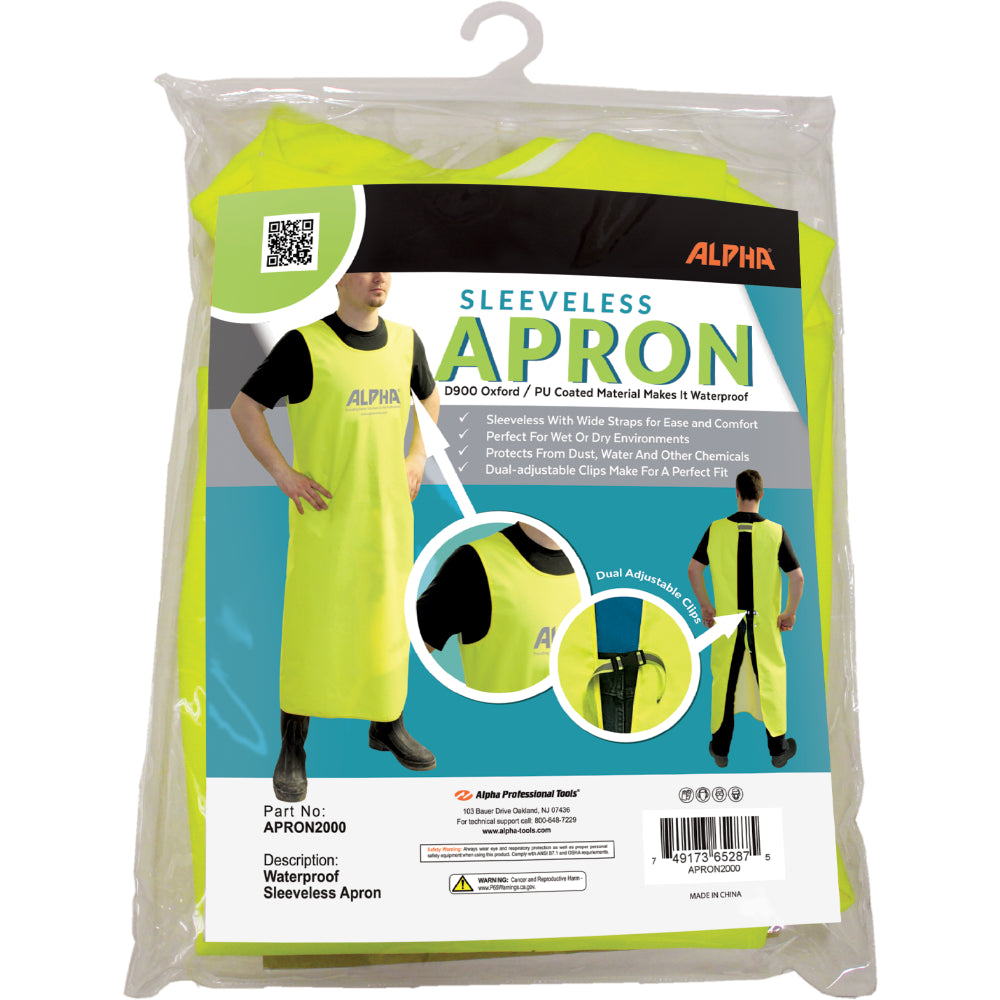 Packaged sleeveless apron with Alpha branding on a white background