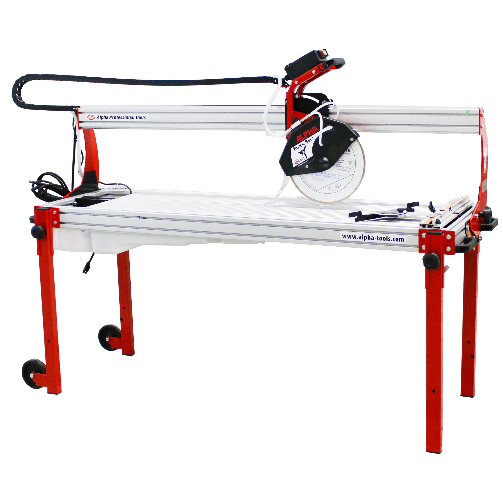 Alpha black belt Tile cutting machine with red and white design on a white background
