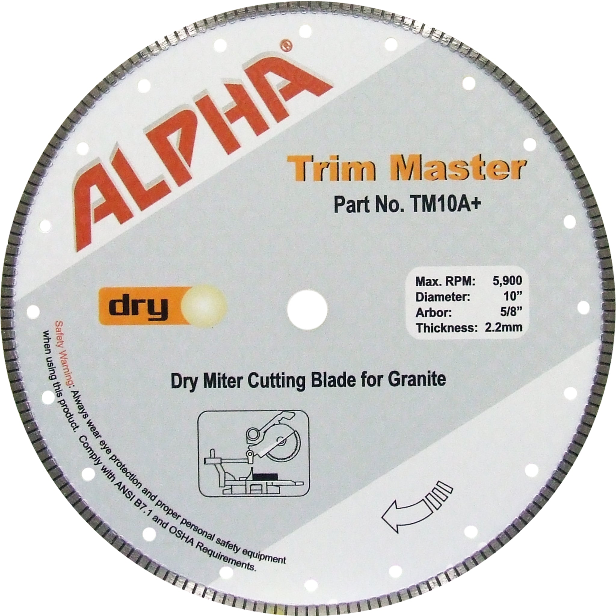 Alpha 10 inch Trim Master dry miter cutting blade for granite on a white background