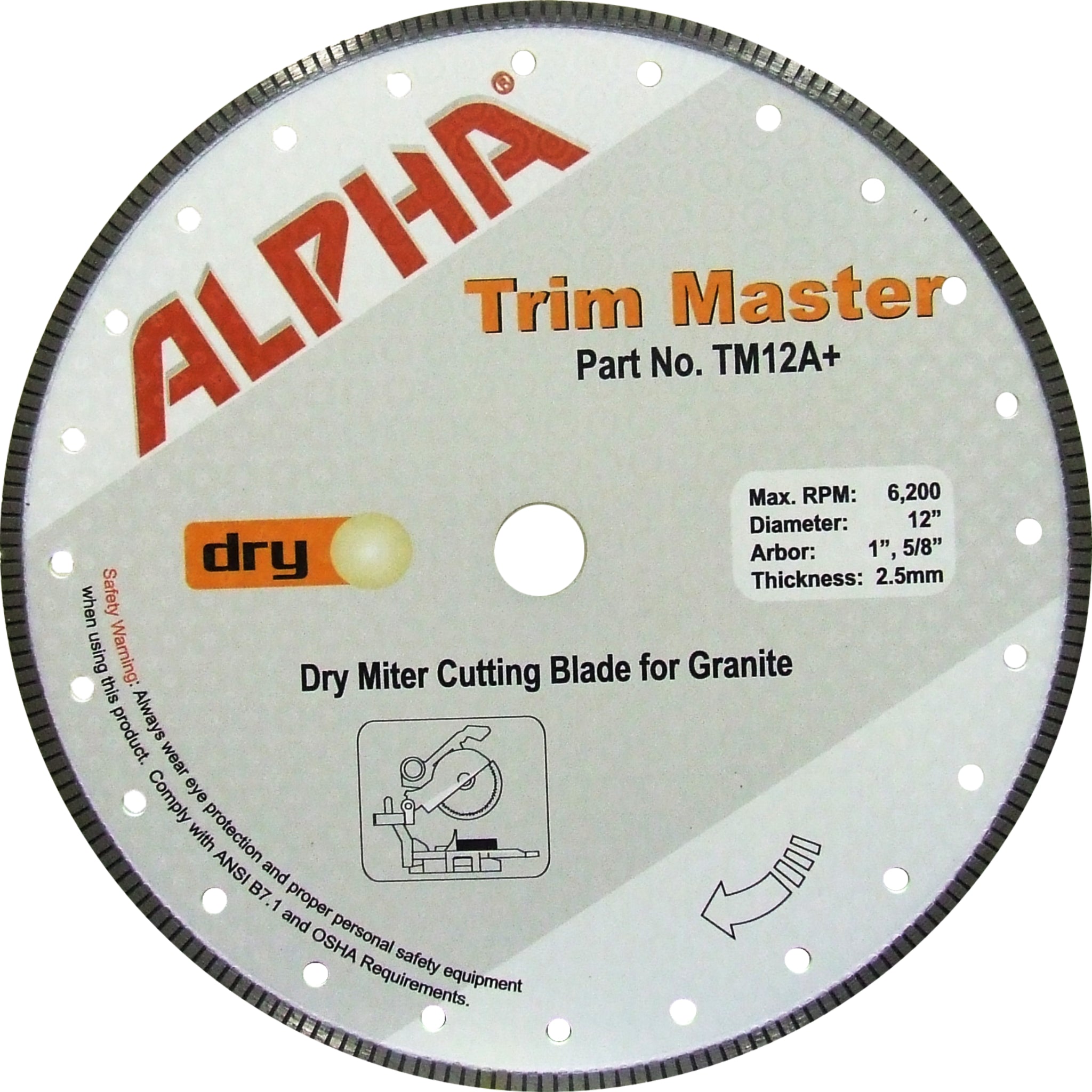 Alpha 12 inch Trim Master dry miter cutting blade for granite on a white background
