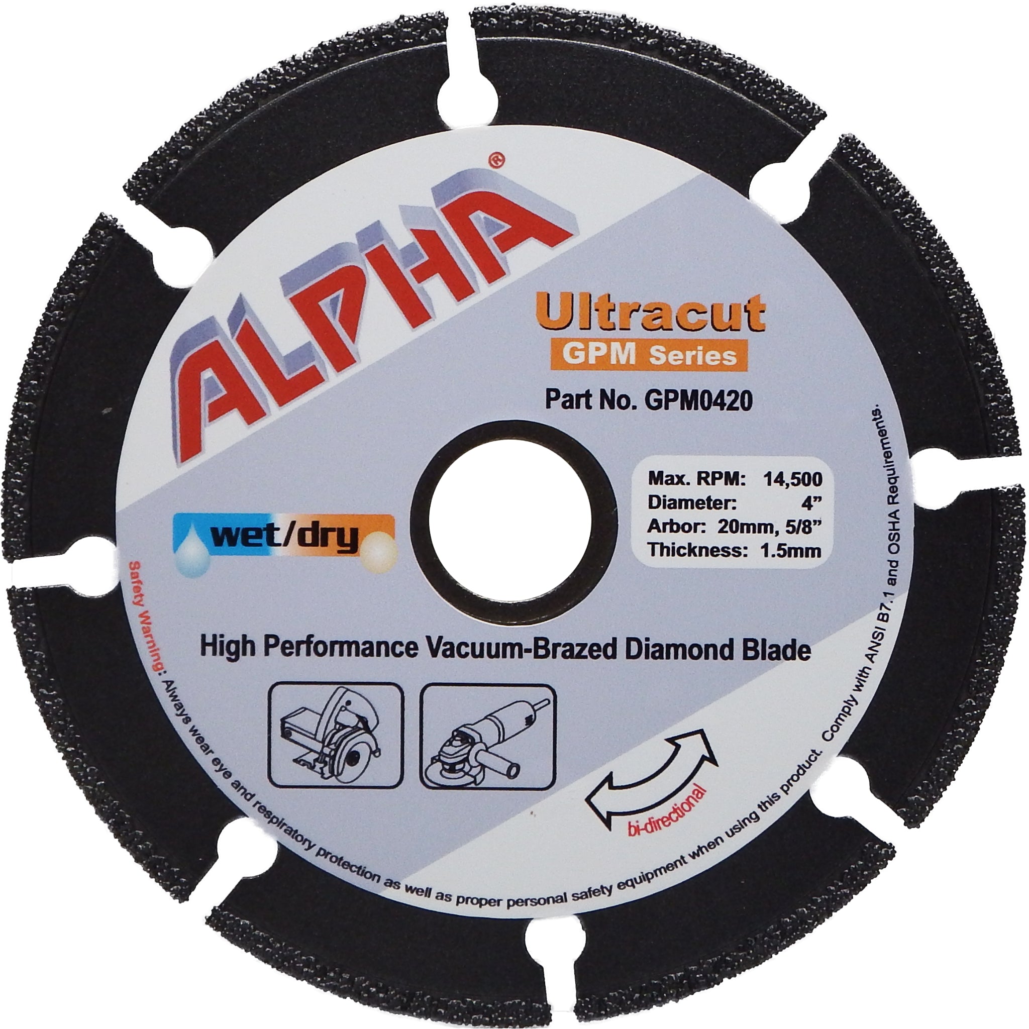 Alpha 4 inch Ultracut GPM Series diamond blade on a white background