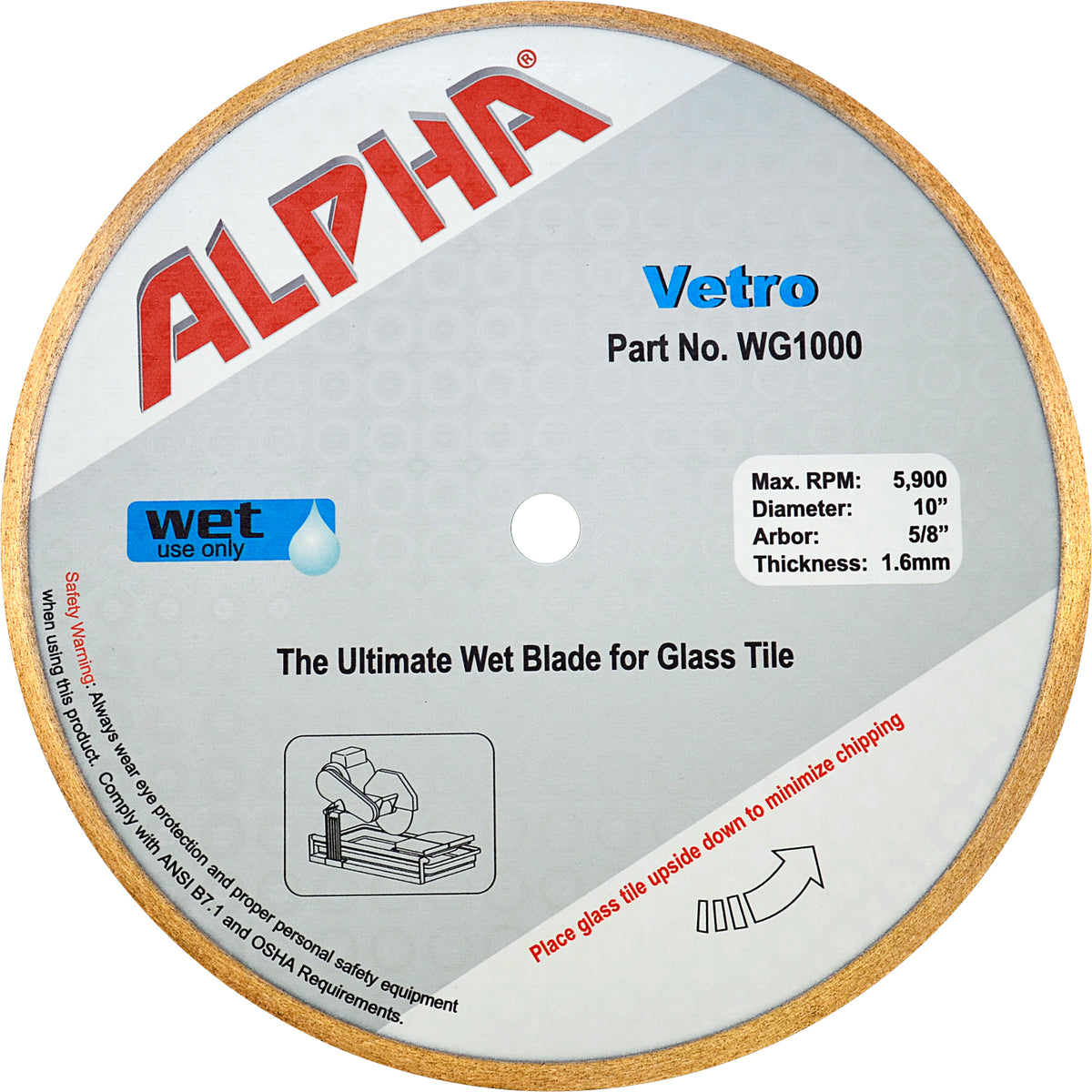 Alpha 10 inch Vetro diamond blade for glass tile cutting on a white background