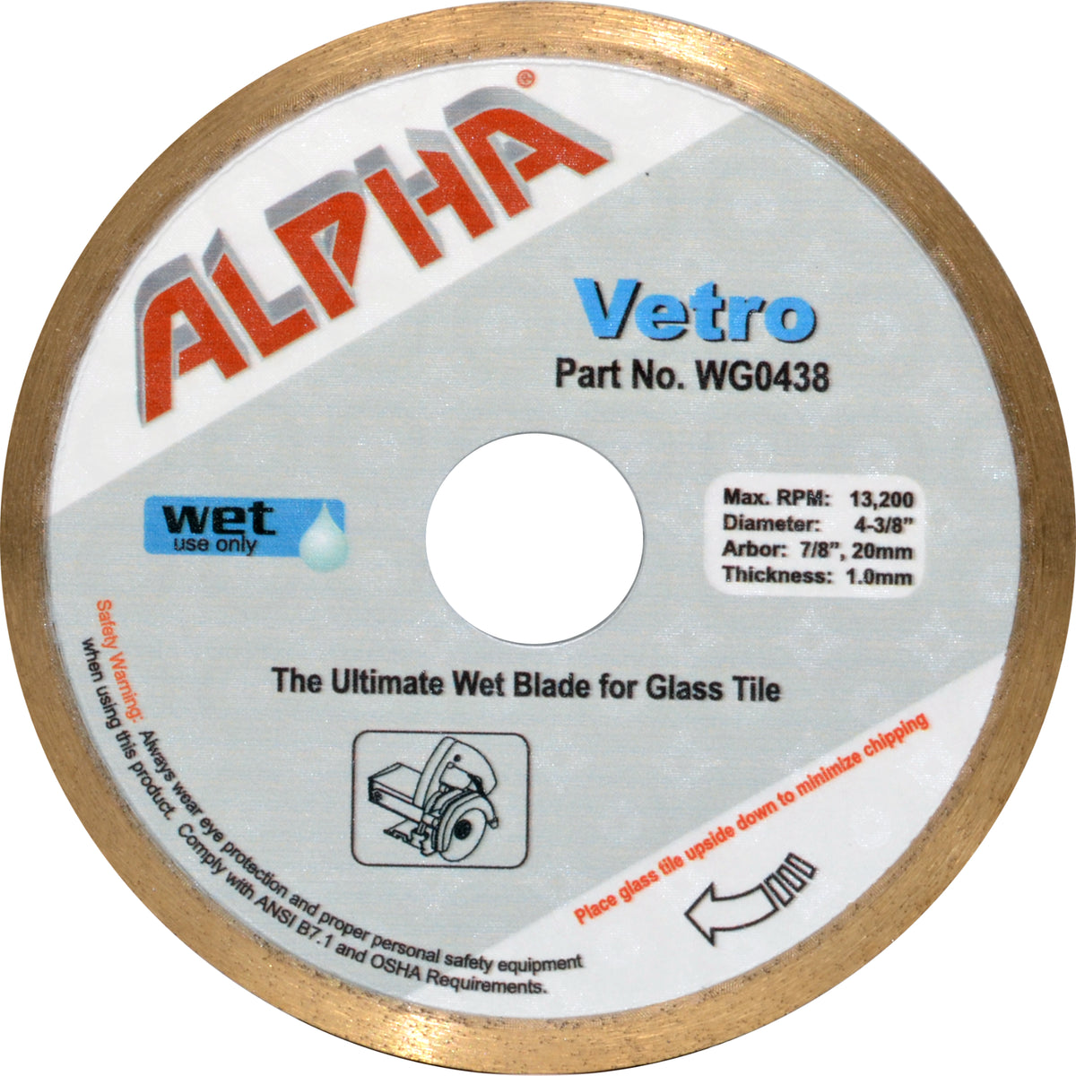 Alpha 4 3/8 inch Vetro diamond blade for glass tile cutting on a white background
