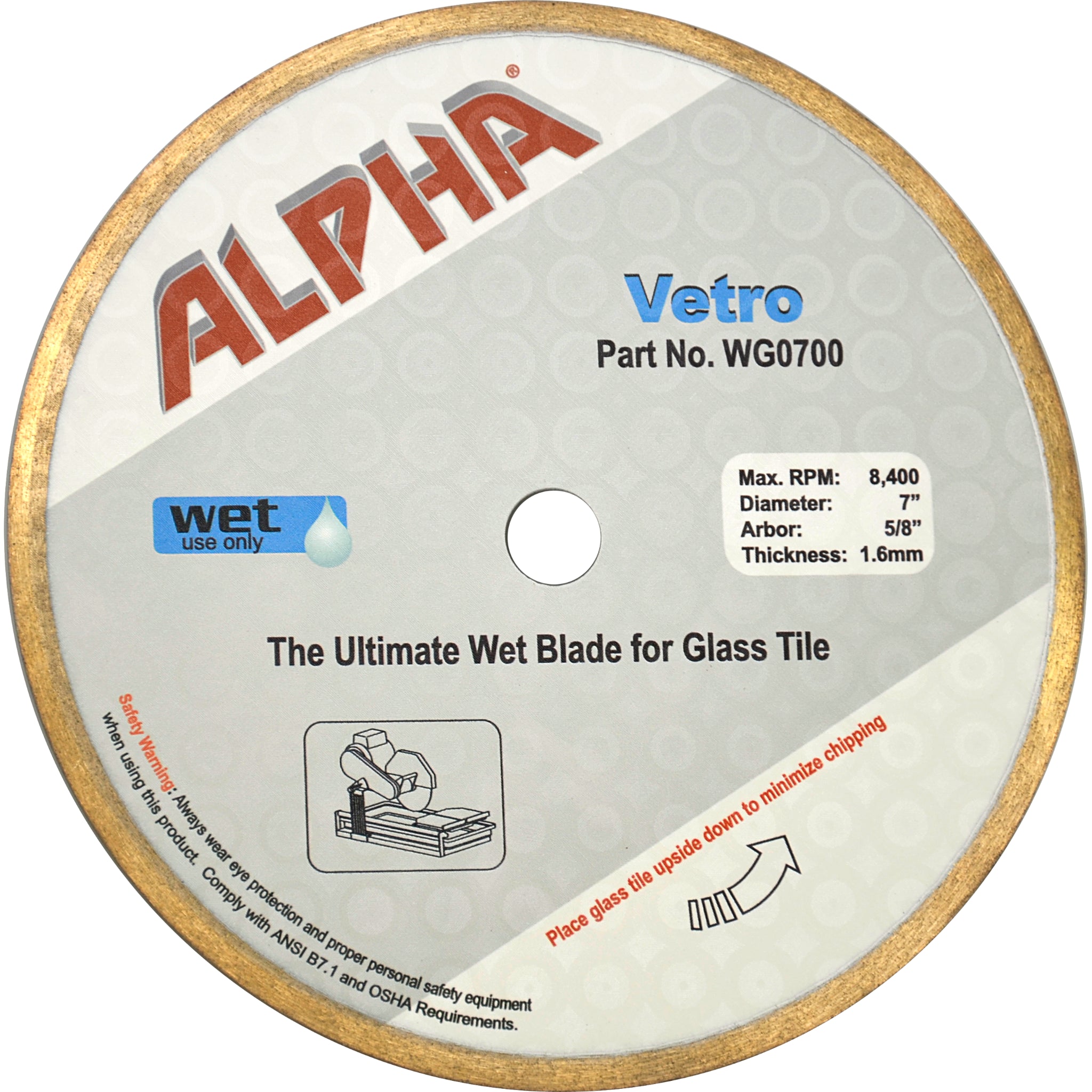 Alpha 7 inch Vetro diamond blade for glass tile cutting on a white background