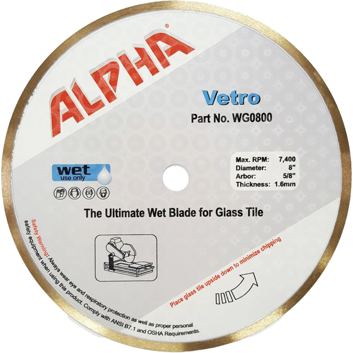 Alpha 8 inch Vetro diamond blade for glass tile cutting on a white background