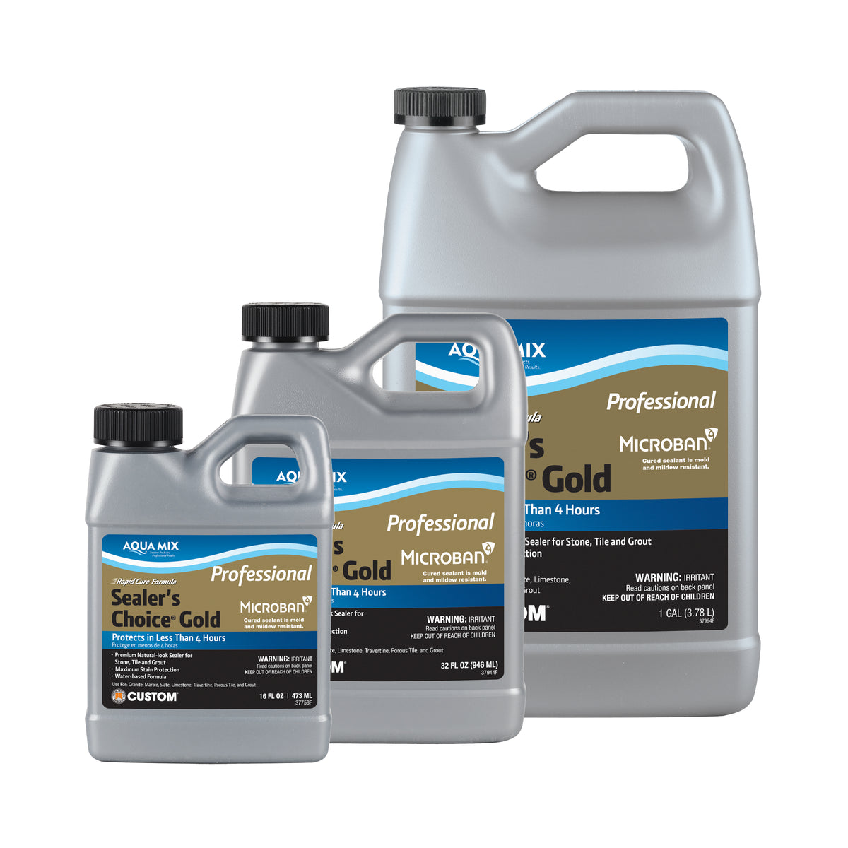 Set of Aqua Mix Professional Sealer's Choice Gold and Microban Gold containers on a white background