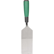 The bottom of a barwalt margin trowel with a cushion green handle on a white background