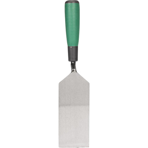 The bottom of a barwalt margin trowel with a cushion green handle on a white background
